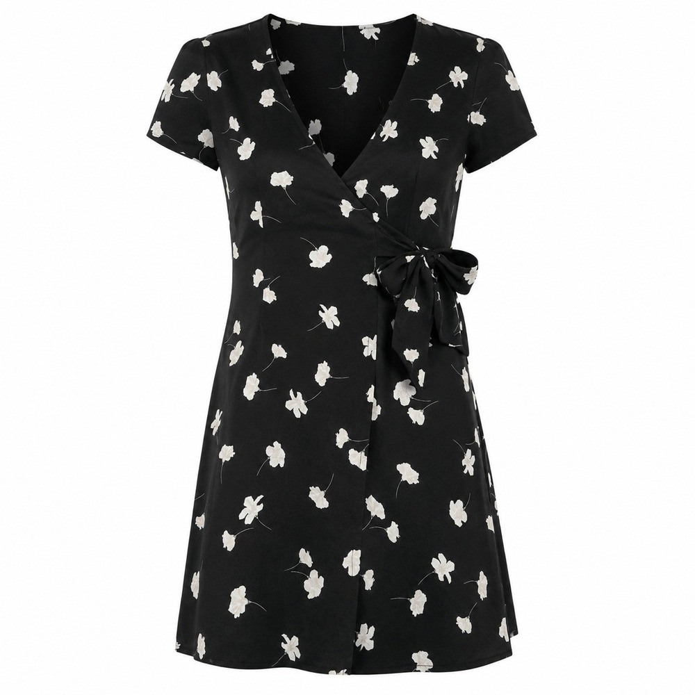 Amuse Society Mini Wrap Dress Womens XS Black Floral VNeck Back Tie Short Sleeve